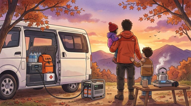 レスキュージャケットの父と子どもたち・カセットガス発電機×DELTA 2・夕焼けの防災キャンプ場｜レスキュー・ライフ